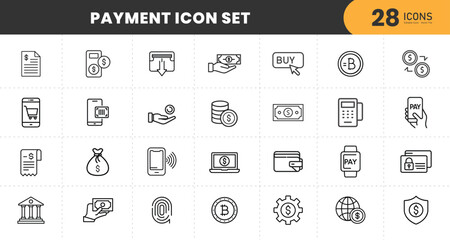 Payment icon set collection including money transfer, online banking, mobile payment, credit card, digital wallet, invoice, and financial technology outline vector symbols with isolated Background.