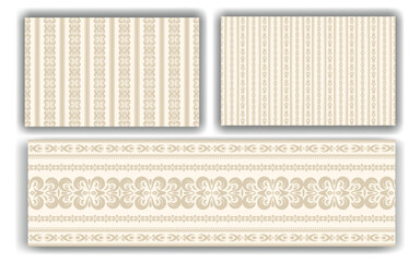 Set of wallpaper Seamless pattern. Monochrome beige background with vertical stripes in pastel color and a border molding in classic style European interiors. For high-end wallpaper, drapery, fabric.
