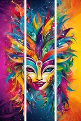 abstract colorful background with feathers, Beautiful face mask with colorful feathers on white background
