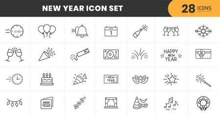 New Year icon set collection including celebration, fireworks, champagne, party, gifts, music, countdown clock, decorations, balloons, cake, and holiday elements with transparent Background.