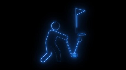 Neon glowing golfer training with club and ball, abstract sports coaching and assistant symbol on a dark background.