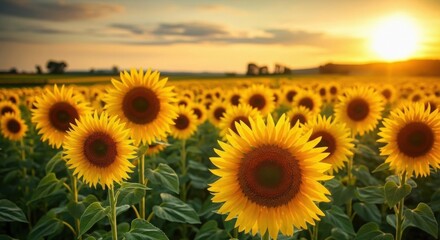 Obraz premium Golden hour sunflower field bathed in warm sunset light