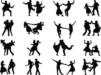Dancing couple silhouette, black vector, swing pose, ballroom movement, jazz dance, romantic gesture, expressive motion, white background, grid layout