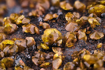 Yellow Sturmanite photography. Specimen from N'chwaning II, South Africa. Micro photography extreme close-up. microscope mineral crystal photography for Scientific use.