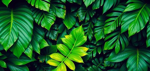Fototapeta premium Lush, vibrant green tropical leaves form a dense, textured background, graphic, texture
