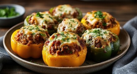 Fototapeta premium Hearty stuffed bell peppers topped with melted cheese and herbs