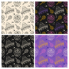 Day of the Dead seamless pattern. Colorful sugar skulls, sombreros and maracas on dark and light backgrounds. Mexican fiesta vector design.