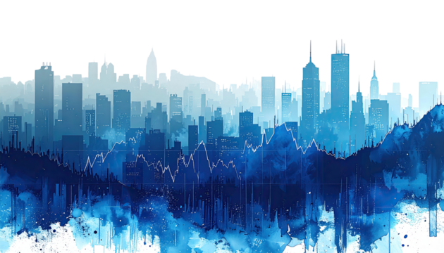 City skyline, painted in shades of blue.  Abstract, stylized cityscape, with textured, watercolor effect.  Darker blues blend into lighter shades,  creating depth and atmosphere