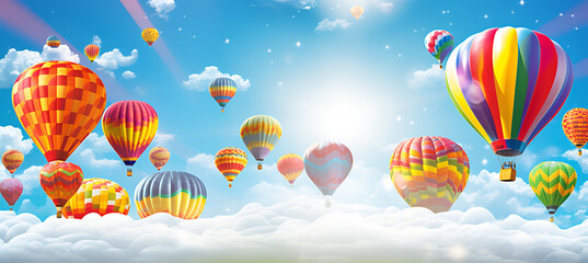 colorful balloons in the sky, A colorful hot air balloon with the words hot air on the bottom, There are many colorful hot air balloons flying in the sky generative ai


