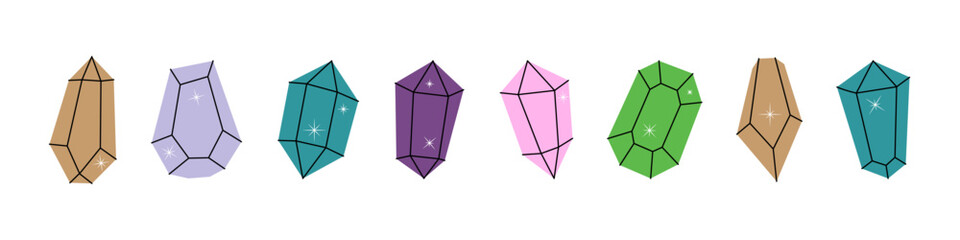 Colorful glass crystals. Gems of different shapes. Gemstones, amethyst, ruby, sapphire, emerald, topaz and quartz. Vector illustration