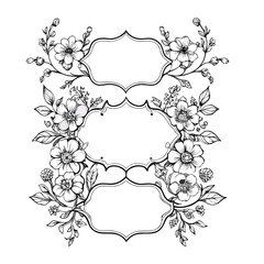 Vector illustration Black and white floral frame with three ornate empty labels border