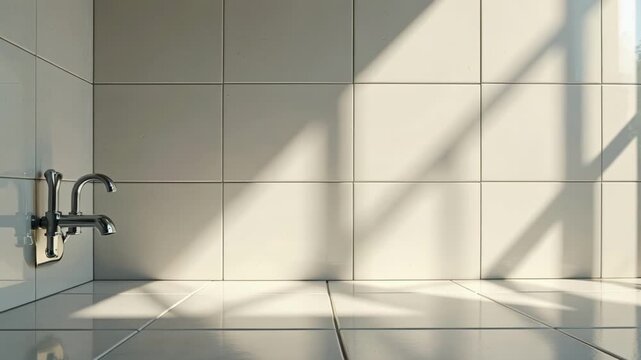 Sunlight streaming through the window onto modern tiled wall and floor, creating dynamic patterns for architectural visualizations or interior design projects
