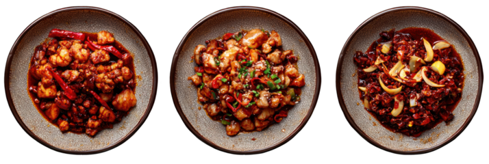 A Trio of Spicy Chili and Peanut Dishes, Served in Small Ceramic Bowls. Perfect for Asian Cuisine, Appetizers, or Savory Snacks. Captures authentic flavors and a culinary theme.