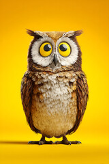 Obraz premium A vibrant, cartoon-style owl with large yellow eyes standing against a bright yellow backdrop