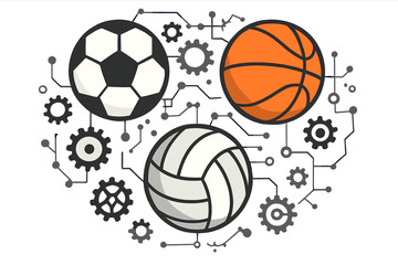 Sports technology concept with football, basketball, and volleyball. Game mechanics and analytics infographic. Abstract vector illustration of a sports system with connected balls and gears.