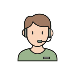 Cartoon portrait of a person wearing a headset and a green shirt with a small badge illustration