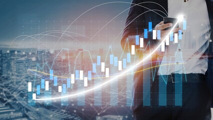 A businessman in a suit holds a smartphone while analyzing stock market trends through dynamic charts and graphs, set against a vibrant cityscape backdrop. Copula
