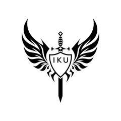 Winged Sword and Shield Logo with IKU Letters, IKU Later Logo, Heraldic Emblem, Black and White Vector Design
