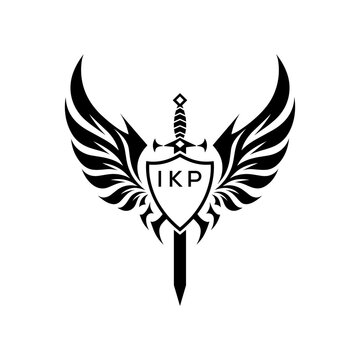 Winged Sword and Shield Logo with IKP Letters, IKP Later Logo, Heraldic Emblem, Black and White Vector Design
