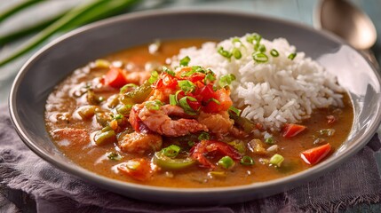 Gumbo plated in modern gray ceramic dish, pastel lavender background