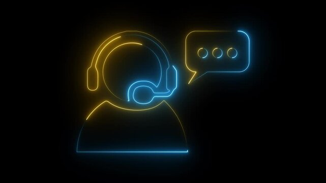 Neon blue and yellow glowing customer support representative with headset and chat icon, digital communication symbol on a black background.