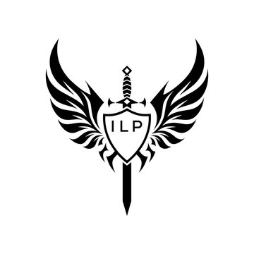 Winged Sword and Shield Logo with ILP Letters, ILP Later Logo, Heraldic Emblem, Black and White Vector Design
