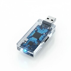 High-Tech USB Flash Drive with Glowing Circuit Board on White Background