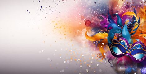 abstract background with circles, A colorful and intricate carnival mask with vibrant feathers and glowing patterns set against a dark abstract background
