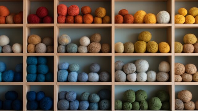 Gentle gradients of color cascade across shelves of soft yarn balls, suggesting tranquility, artistic expression, and the inviting atmosphere of a craft room or textile design concept.