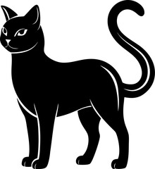Black cat silhouette, vector line art icon, black and white, white background