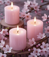 Three Lit Pink Pillar Candles with Delicate Pink Cherry Blossoms