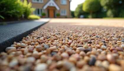 Resin bound gravel covers ground near house. Gravel patio design for modern home. Small stones texture background. Exterior floor covering of natural stone. Decorative walkway, path material for