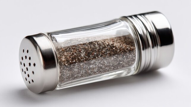Close up view of a glass and metal pepper shaker on a clean surface