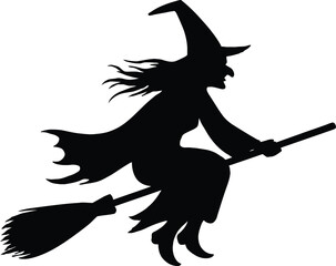 Silhouette of a witch flying on broomstick with pointed hat and cloak for Halloween design isolated on white background