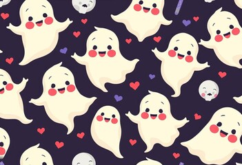 Fototapeta premium Whimsical repeating pattern of friendly cartoon ghosts with rosy cheeks and playful expressions, sweet, digital
