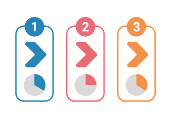 Business data visualization process chart. Infographic template with 3 steps, options, or parts. Vector diagram elements for presentation. Workflow layout with pie charts.