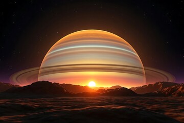 Distant planet with rings bathed in golden sunset light above rocky horizon