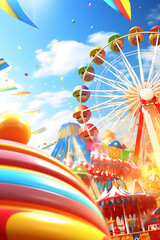 ferris wheel in the sky, Coastal carnival with colorful ferris wheel and generative ai, A colorful and vibrant illustration of a carnival or amusement park with rides games food stalls 

