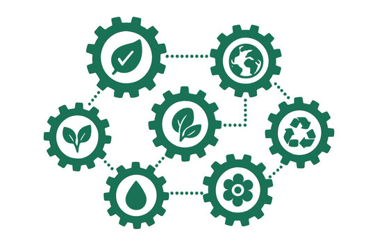 Ecology mechanism concept with connected gears and icons. Abstract background for eco friendly, energy, environment, green, recycle, bio and global concepts. Vector infographic.