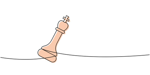 Linear minimalist outline of a light peach chess king leaning on a line, symbolic abstract design of leadership and victory