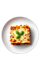Square portion of lasagna on a white plate.  Melted cheese,  red sauce, and meat filling. Fresh basil garnish