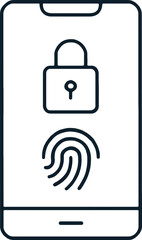 Outline icon of smartphone security with padlock and fingerprint scan representing privacy, biometric safety, and mobile access