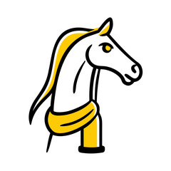 Stylized horse head illustration with yellow accents and scarf  