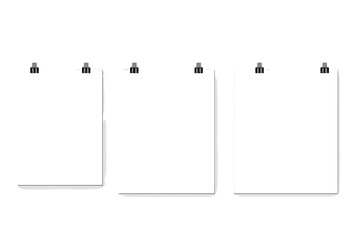 Vector set of three blank paper poster mockups hanging with binder clips. Empty white sheet templates. Realistic gallery portfolio display isolated on transparent background.