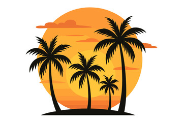 Summer vacation tropical beach with palm tree silhouettes at sunset. Vector illustration for travel poster or wallpaper. Exotic island paradise landscape with orange sun.