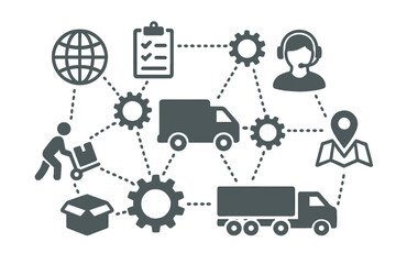 Logistic mechanism concept. Distribution, delivery, service, shipping, transport. Abstract background with connected objects. Supply chain management. Global network market.