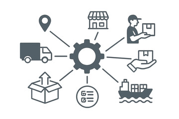 Logistic mechanism, supply chain management concept. Global distribution, delivery service, shipping, transport, e-commerce market. Freight, cargo, order fulfillment vector.