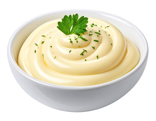 Creamy, smooth, light yellow condiment in a white bowl, topped with fresh green herbs