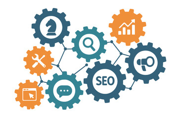 Digital marketing mechanism vector concept with connected gears and icons. SEO, strategy, service, analytics, research, web promotion, communication for business growth.