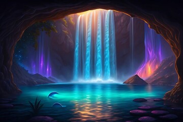Enchanting cave waterfall with vibrant multicolored light beams reflecting on water surface